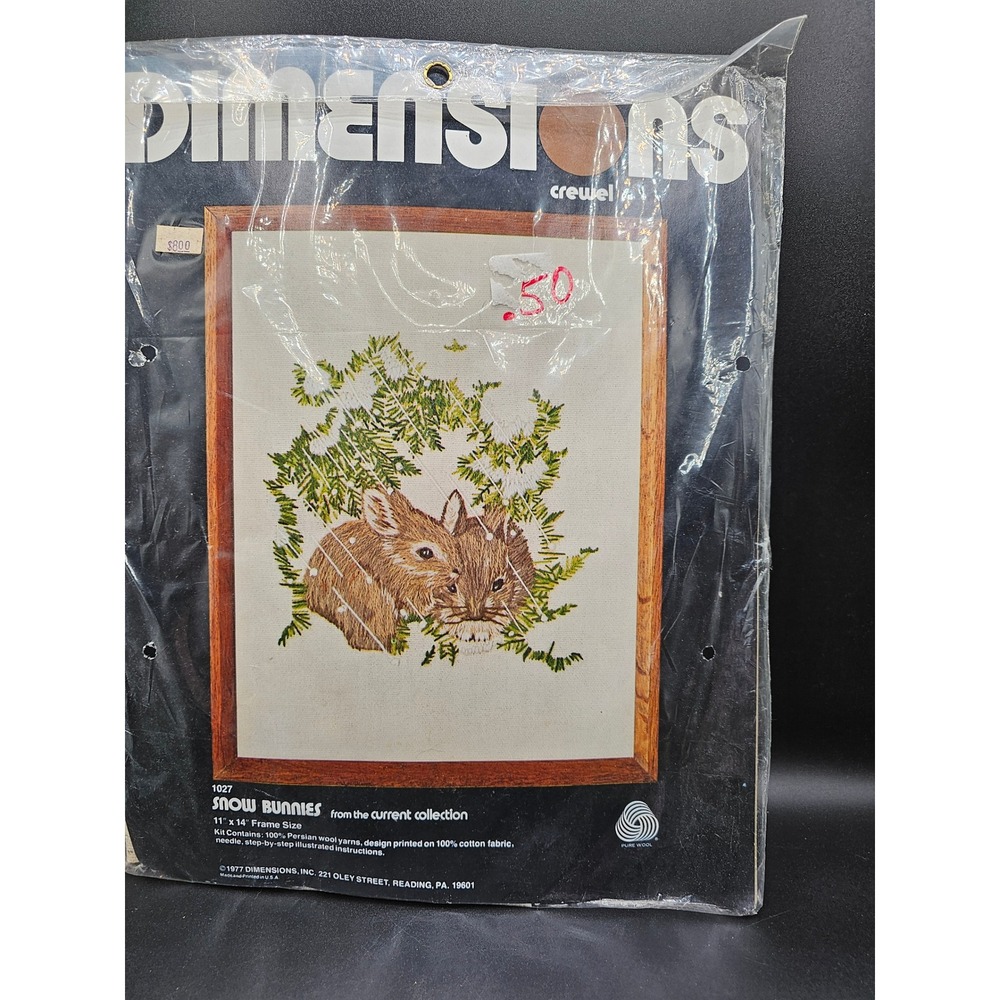Vintage 1977Dimensions Crewel Kit 1027 Snow Bunnies Rabbits 11x14 PersianWool 10